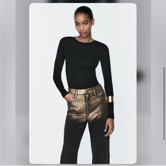 Zara Black and Metallic Gold HIGH WAIST Z1975 STRAIGHT LEG FOIL JEANS - Picture 4 of 11